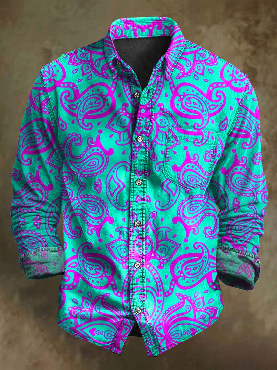 Retro Floral Print Casual Long-Sleeve Shirt