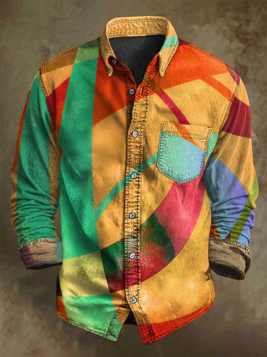 Abstract Color-Block Art Print Casual Long-Sleeve Shirt
