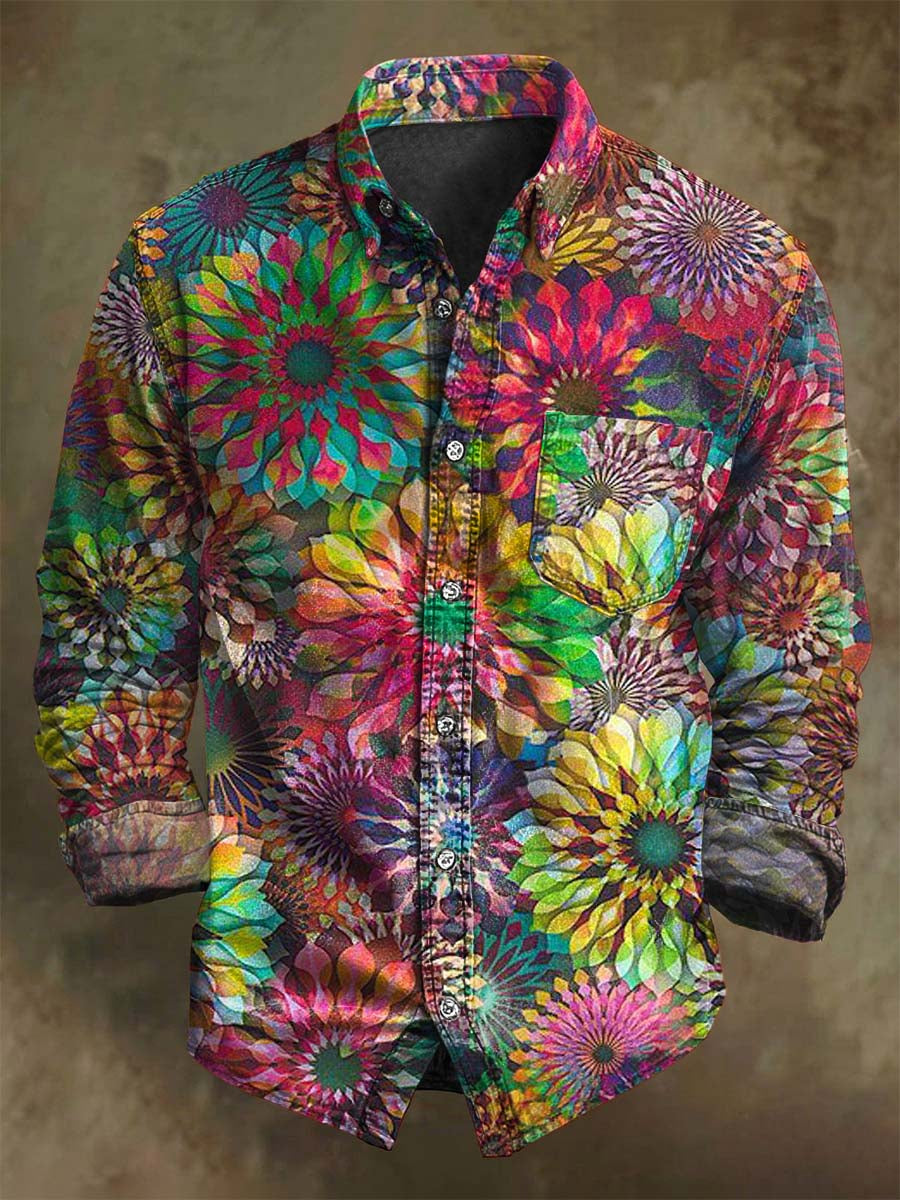 Abstract Vintage Floral Print Casual Long-Sleeve Shirt