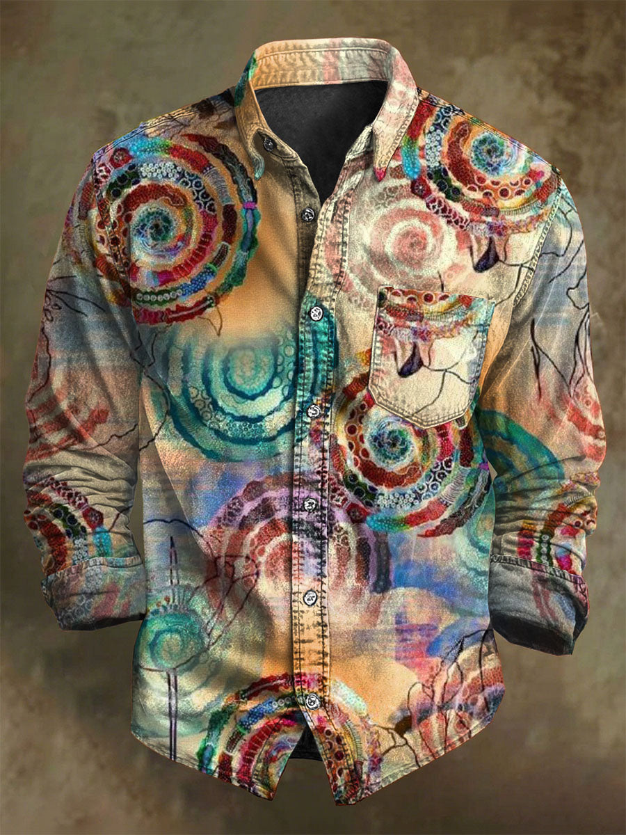 Abstract Vintage Floral Print Casual Long-Sleeve Shirt