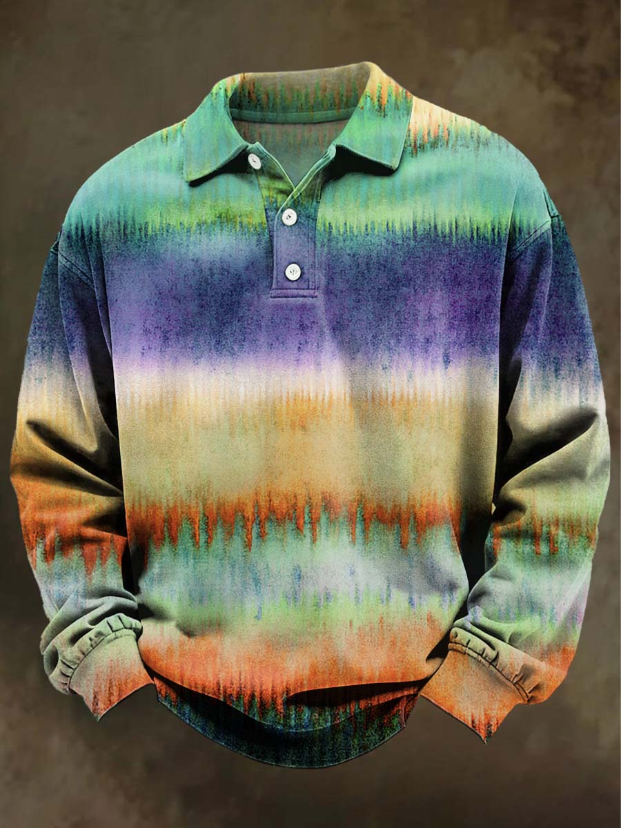 Abstract Gradient Print Casual Long-Sleeve Polo Shirt