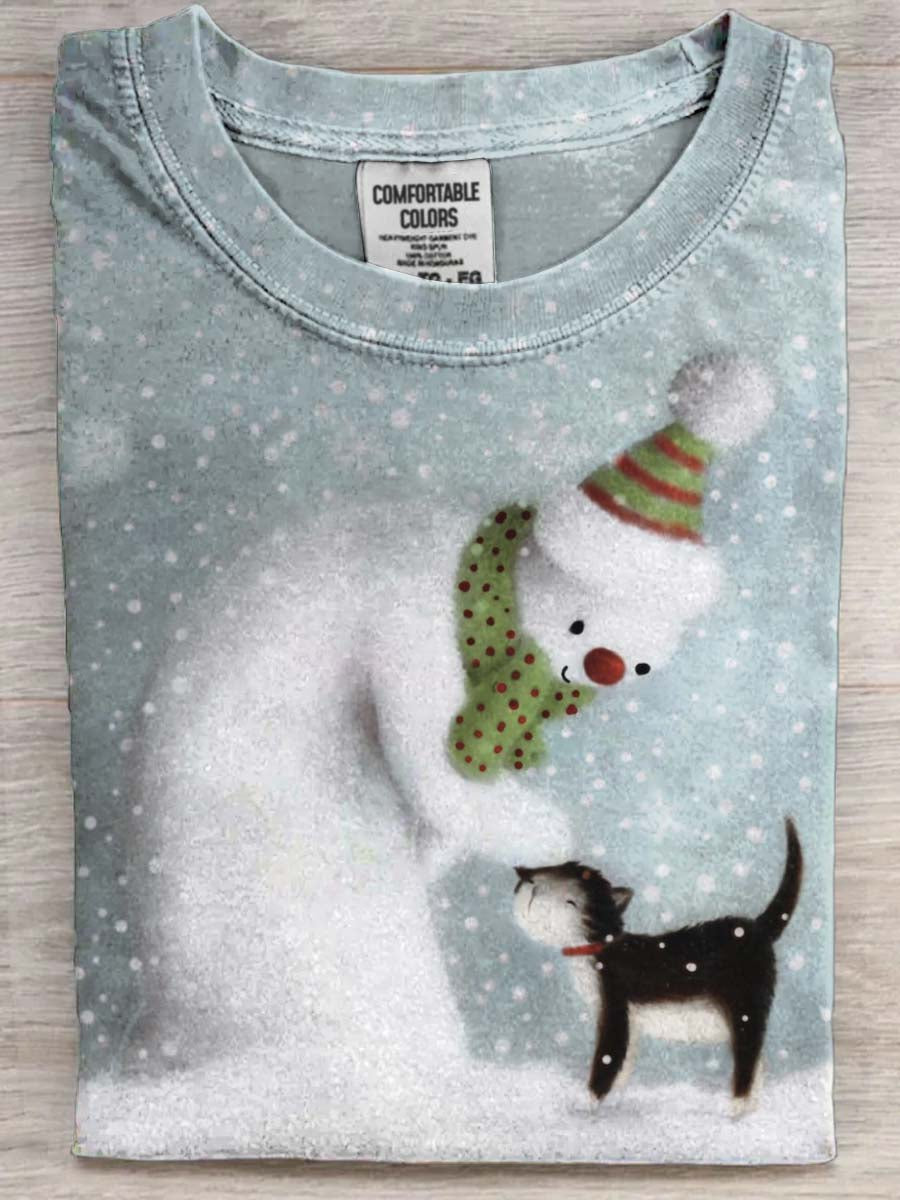 Snowman Cat Print Casual Short-Sleeve T-Shirt