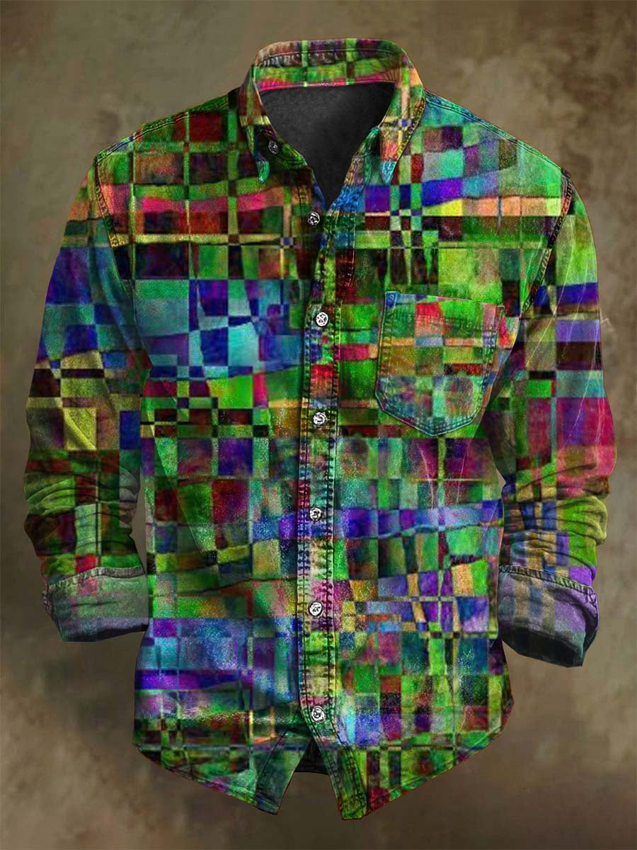 Abstract Block-Printed Casual Long-Sleeve Shirt