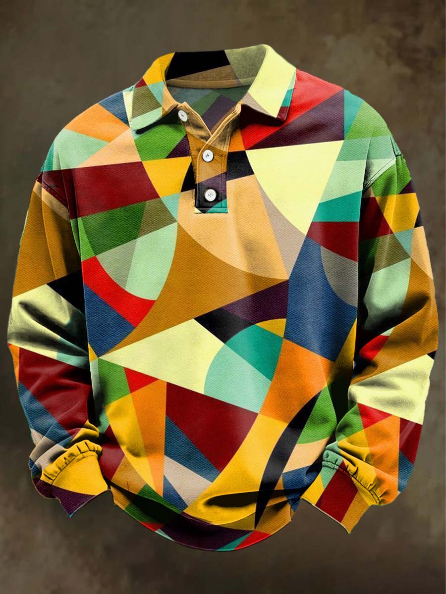Abstract Geometric Print Casual Long-Sleeve Polo Shirt