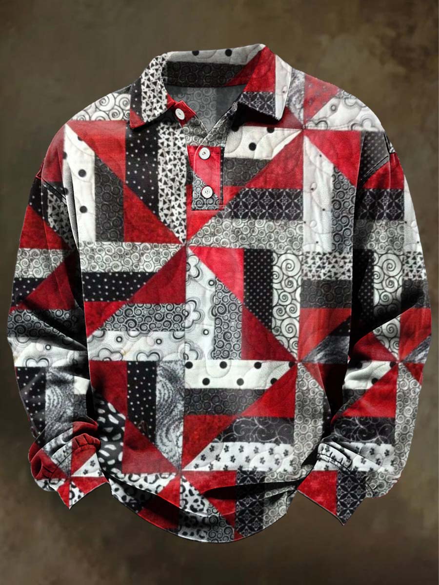 Abstract Retro Geometric Print Casual Long-Sleeve Polo Shirt