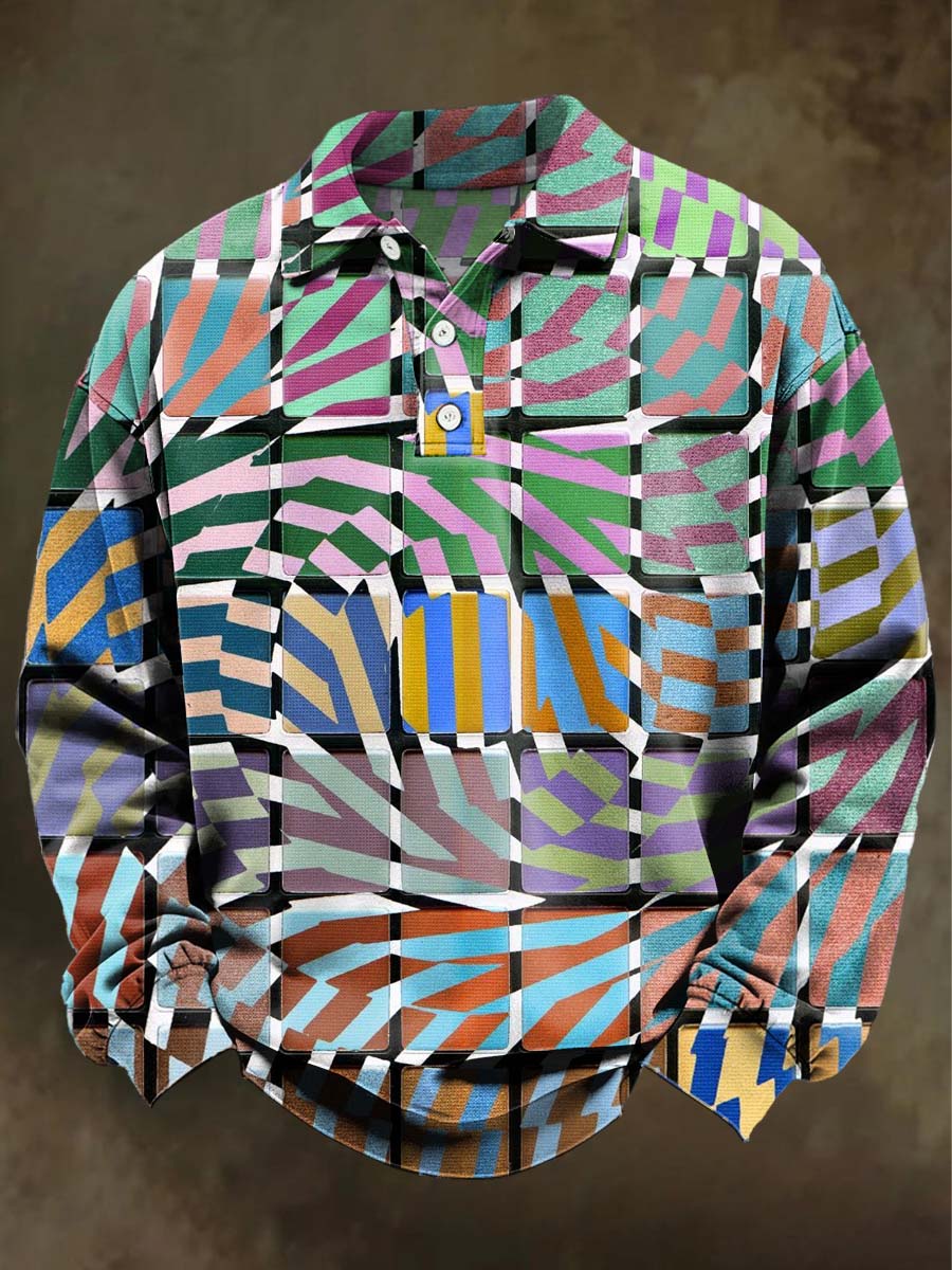 Abstract Multicolor Geometric Print Casual Long-Sleeve Polo Shirt