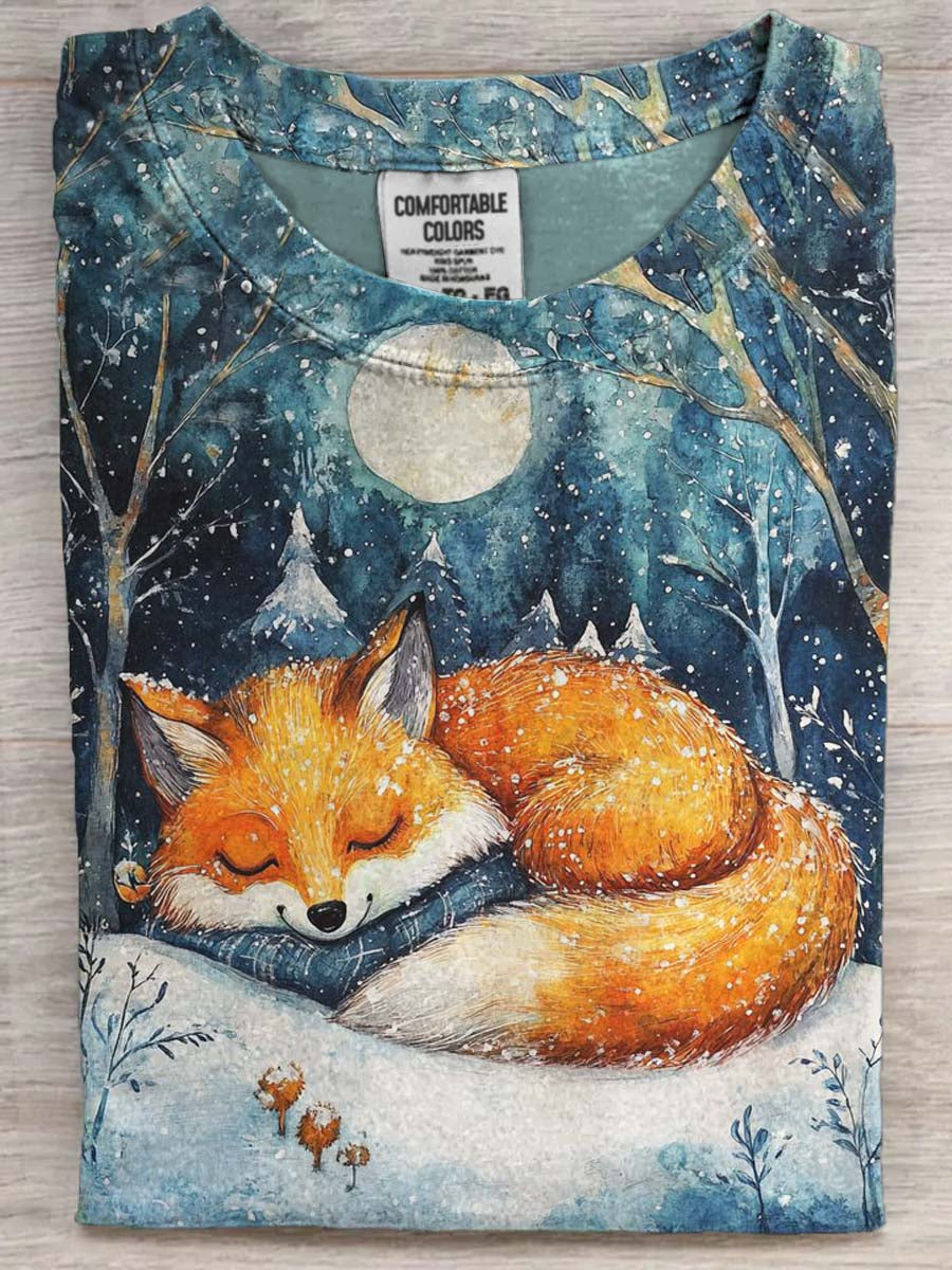 Winter Fox Print Casual Short-Sleeve T-Shirt