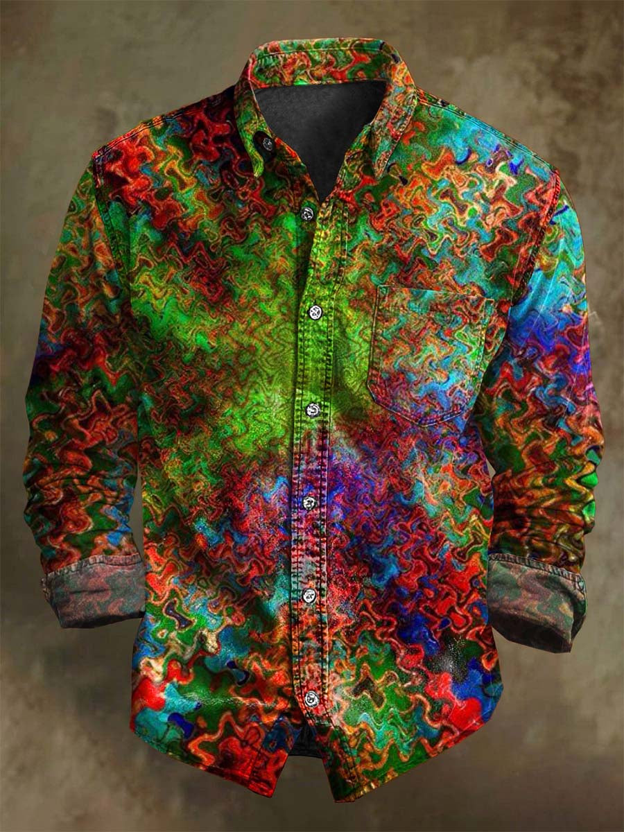 Abstract Shimmering Glass Print Casual Long-Sleeve Shirt