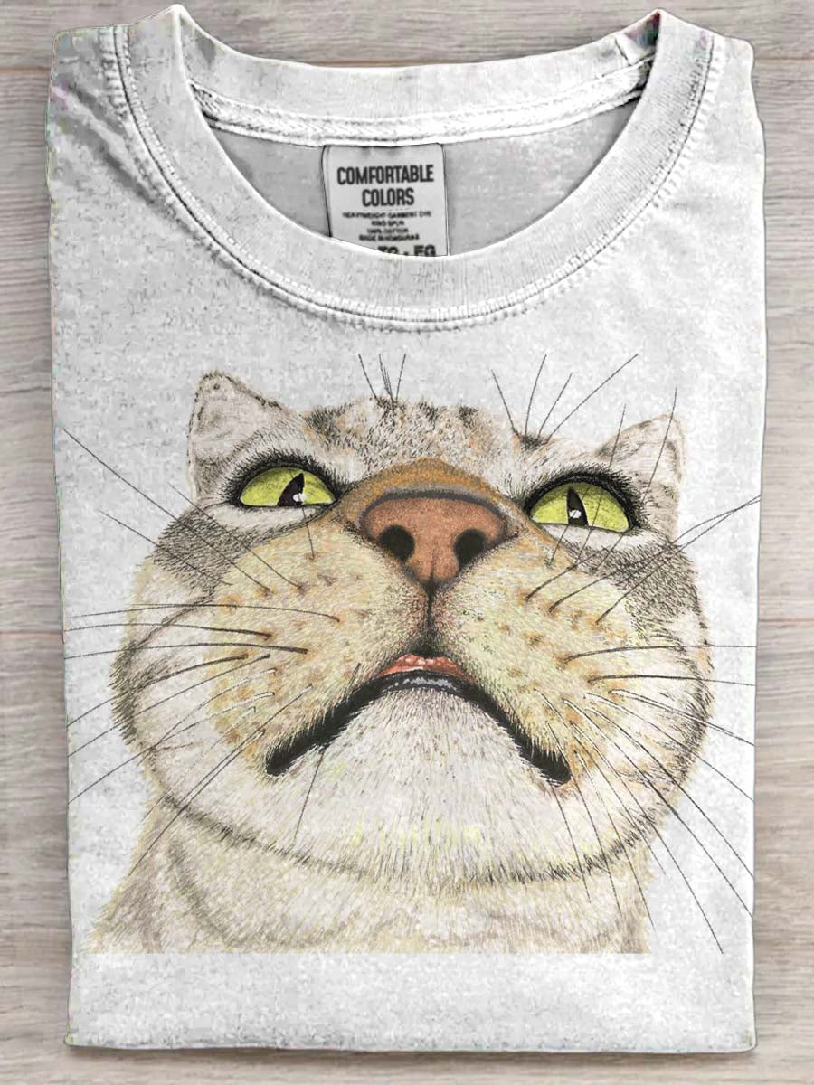 Funny Big-Headed Cat Print Casual Short-Sleeve T-Shirt