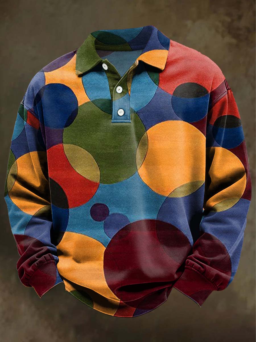 Abstract Colorful Circle Print Casual Long-Sleeve Polo Shirt