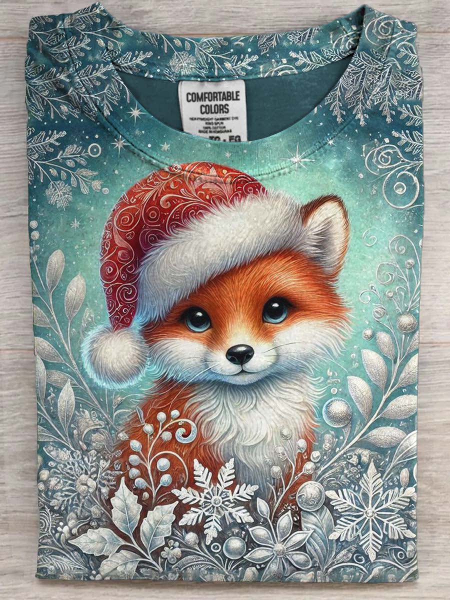 Fox Print Casual Short-Sleeve T-Shirt for a Snowy Christmas