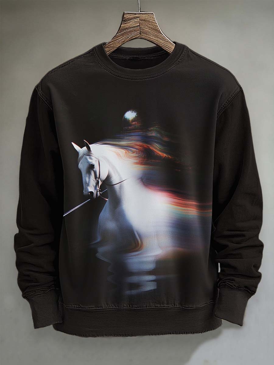Knight White Horse Print Casual Crewneck Sweatshirt