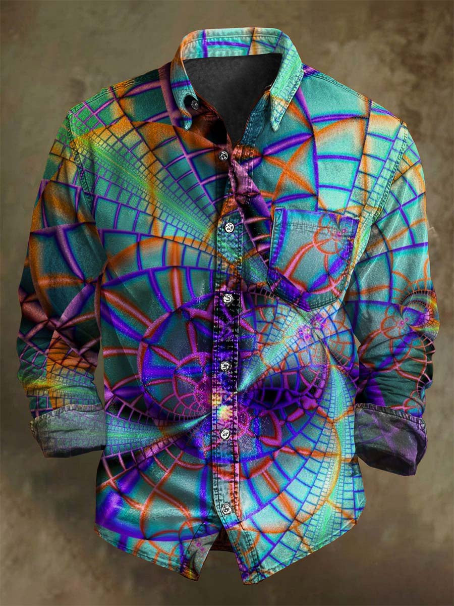 Abstract Spiral Fractal Print Casual Long-Sleeve Shirt
