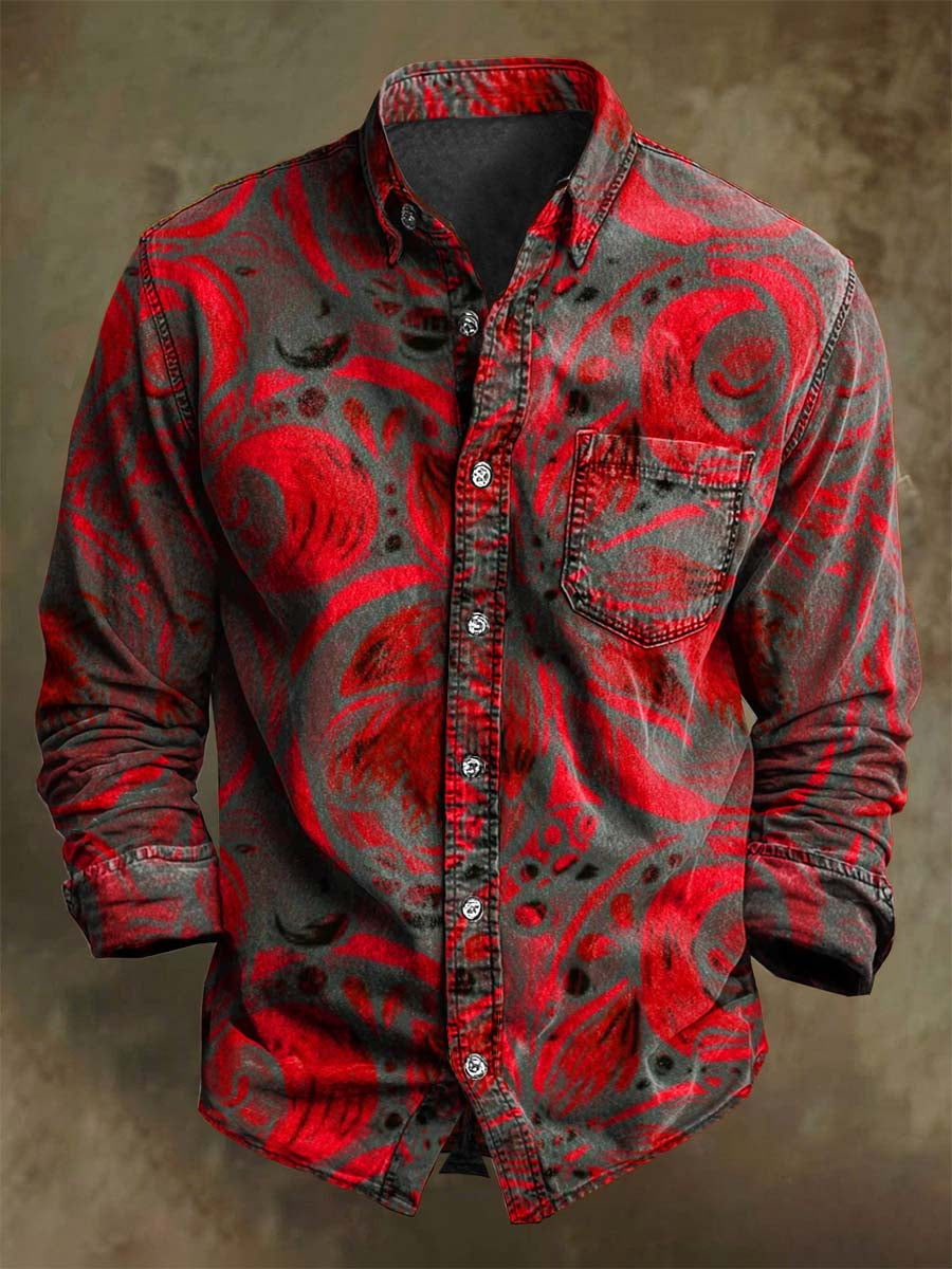 Retro Paisley Floral Print Casual Long-Sleeve Shirt