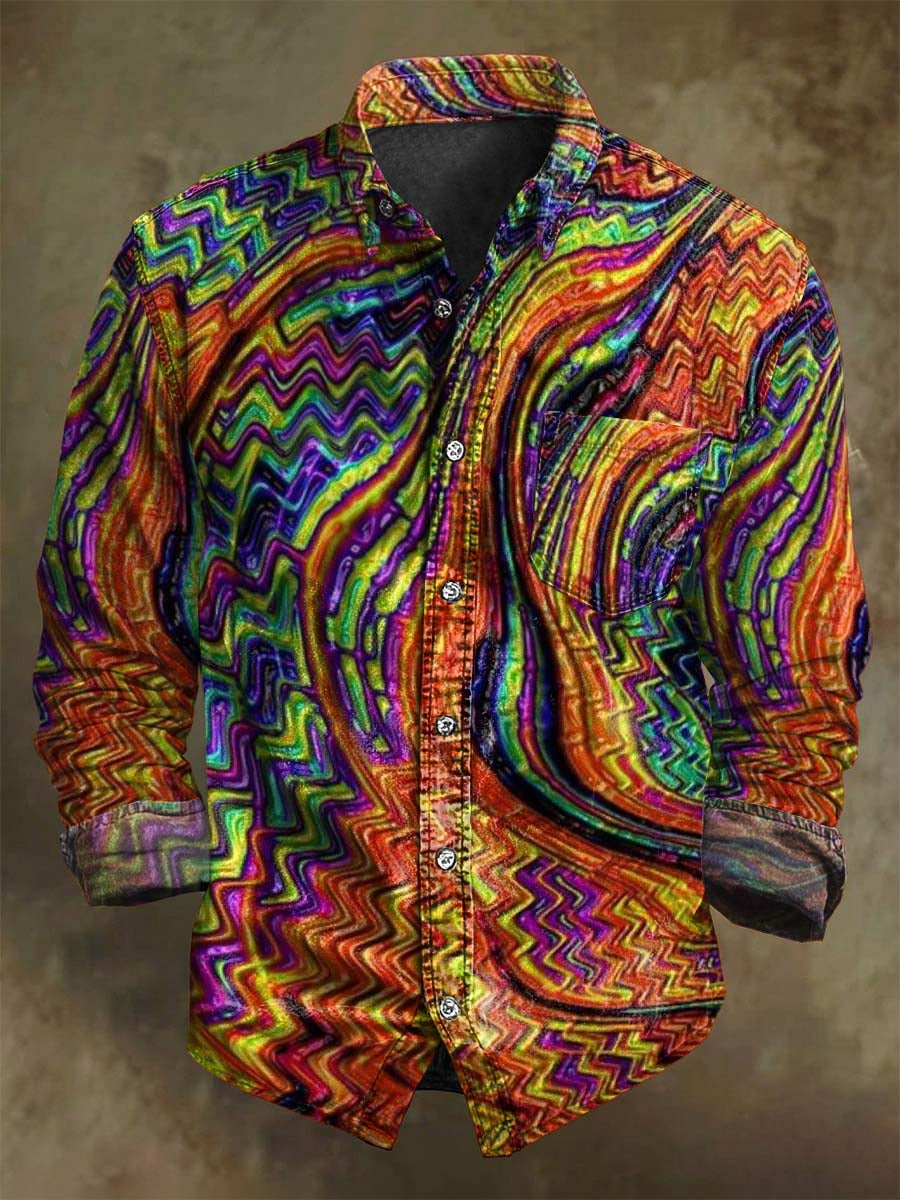 Abstract Wavy Sawtooth Texture Print Casual Long-Sleeve Shirt