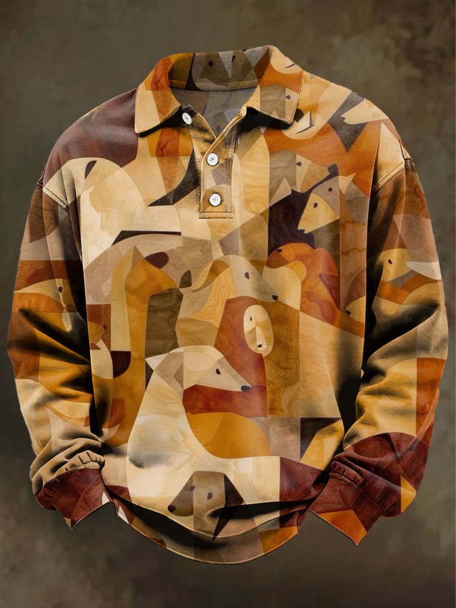 Retro Abstract Animal Print Casual Long-Sleeve Polo Shirt
