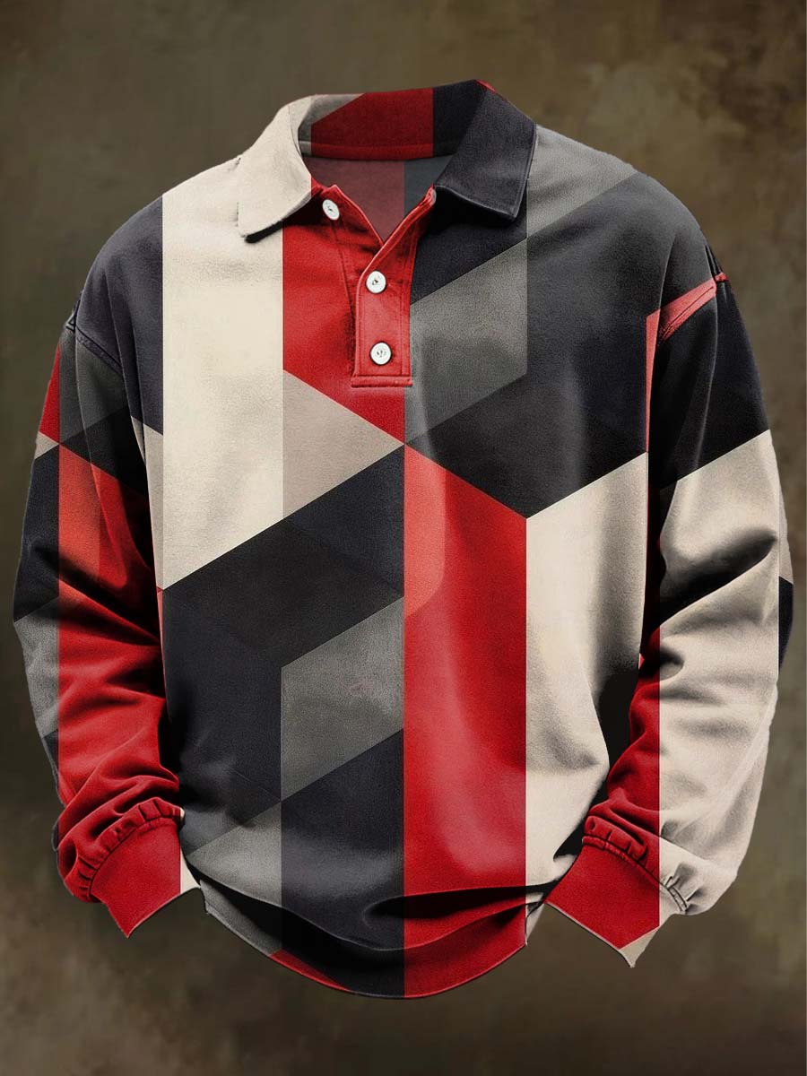 Geometric Print Casual Long-Sleeve Polo Shirt