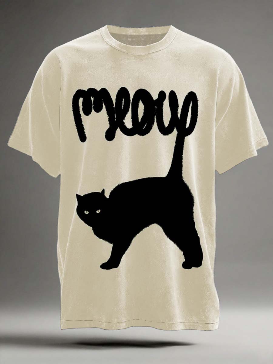 Abstract Black Cat Print Casual Short-Sleeve T-Shirt