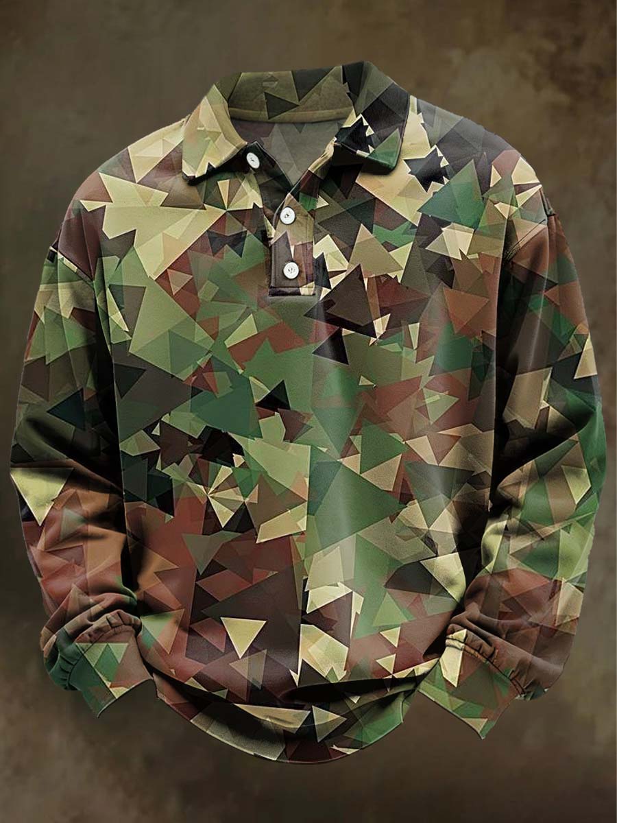 Abstract Geometric Camouflage Print Casual Long-Sleeve Polo Shirt