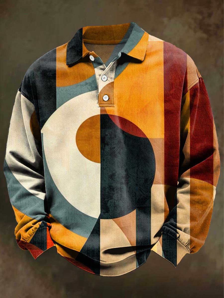 Abstract Geometric Print Casual Long-Sleeve Polo Shirt