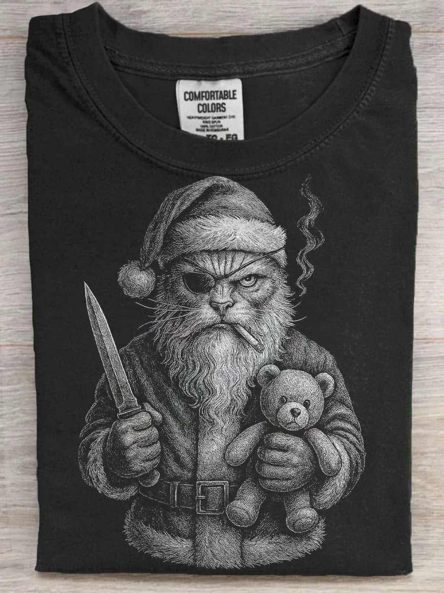 Spooky Christmas Cat Print Casual Short-Sleeve T-Shirt