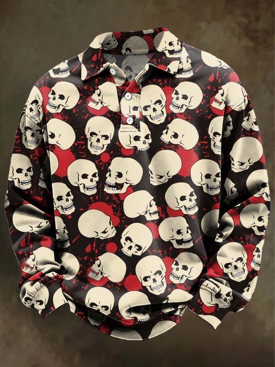 Abstract Skull Print Casual Long-Sleeve Polo Shirt
