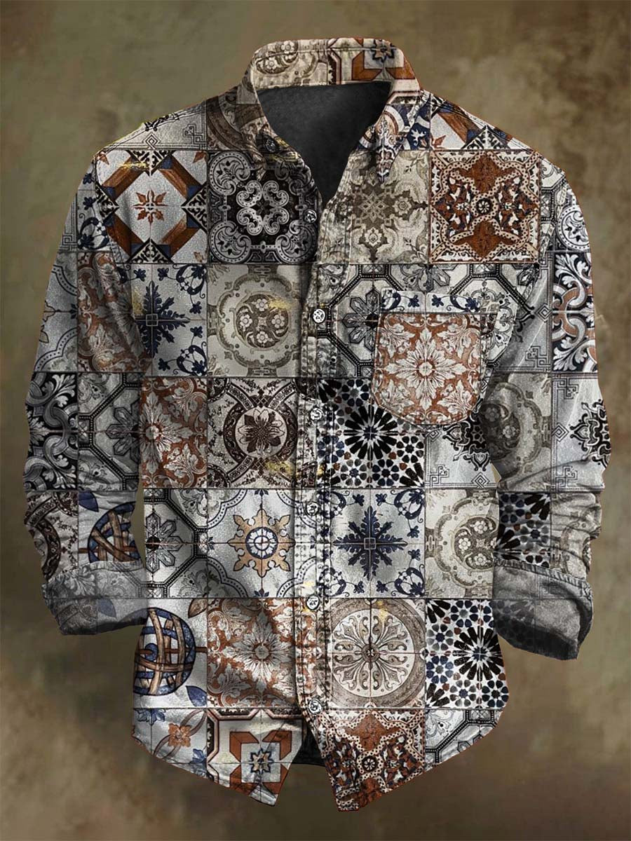 Abstract Vintage Floral Print Casual Long-Sleeve Shirt