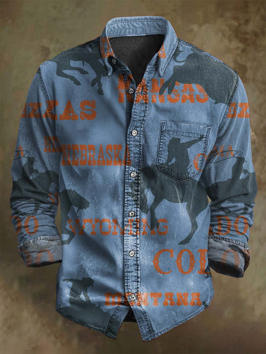 Western Cowboy Print Casual Long-Sleeve Shirt