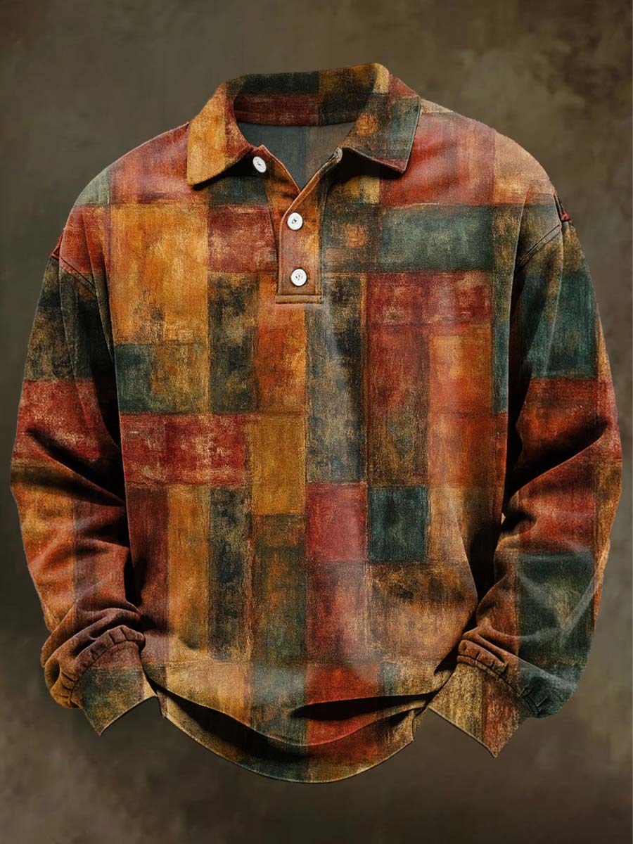 Retro Irregular Check Print Casual Long-Sleeve Polo Shirt