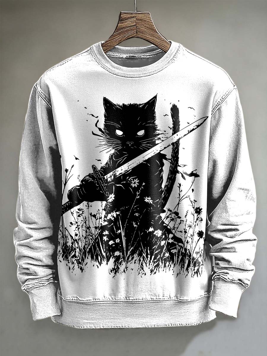 Samurai Cat Print Casual Crewneck Sweatshirt