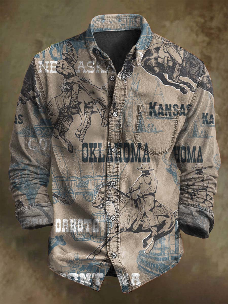 Western Cowboy Print Casual Long-Sleeve Shirt