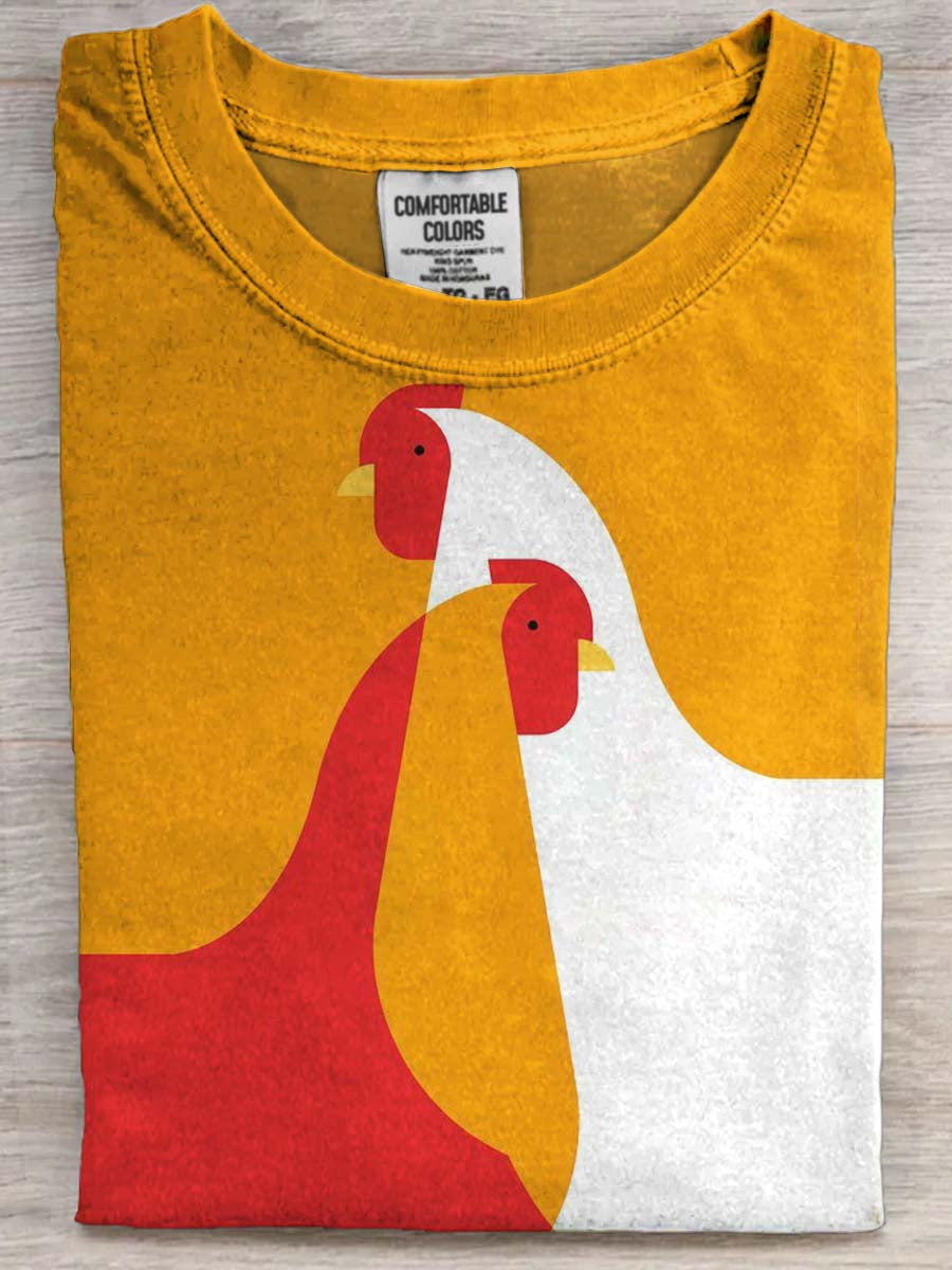 Abstract Two-Tone Chicken Print Casual Short-Sleeve T-Shirt