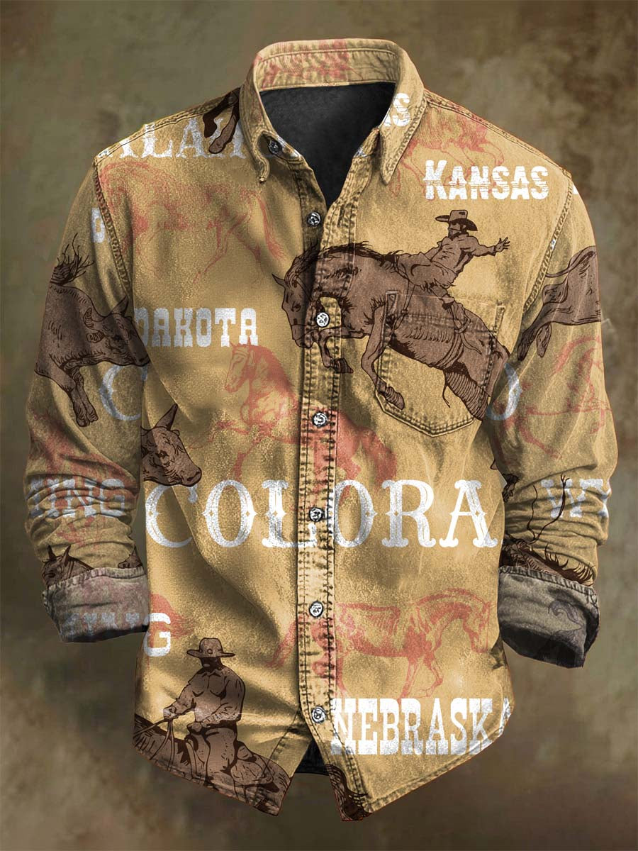 Western Cowboy Print Casual Long-Sleeve Shirt