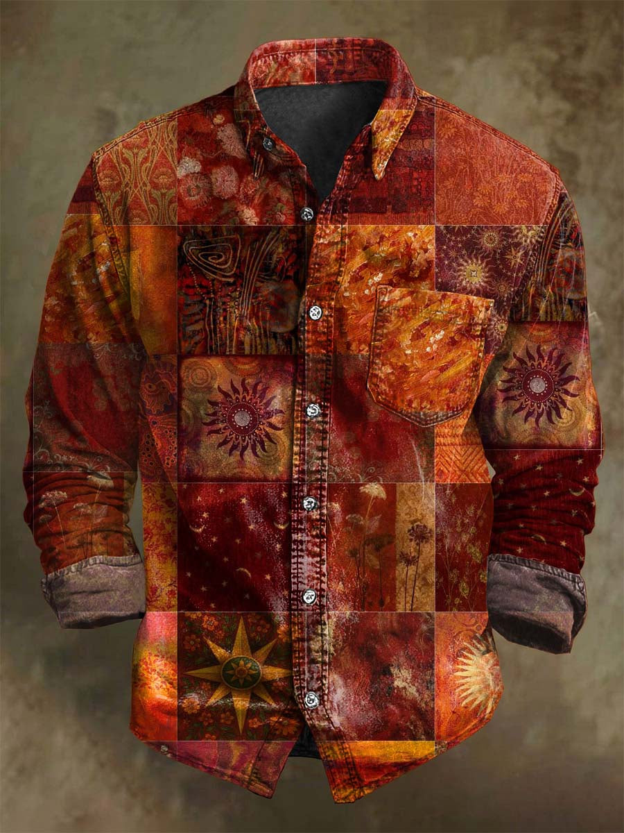 Retro Abstract Sun Print Casual Long-Sleeve Shirt