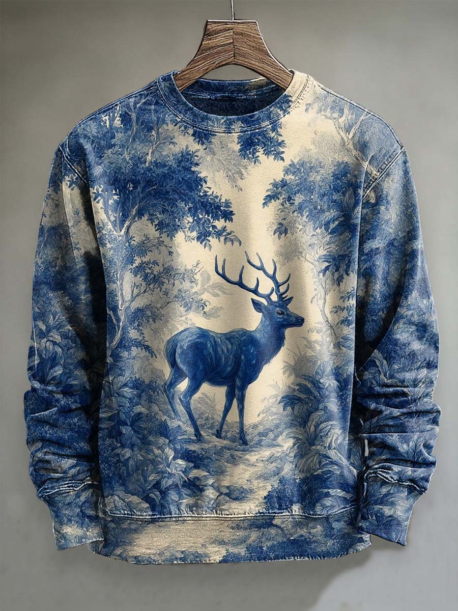 Forest Deer Print Casual Crewneck Sweatshirt