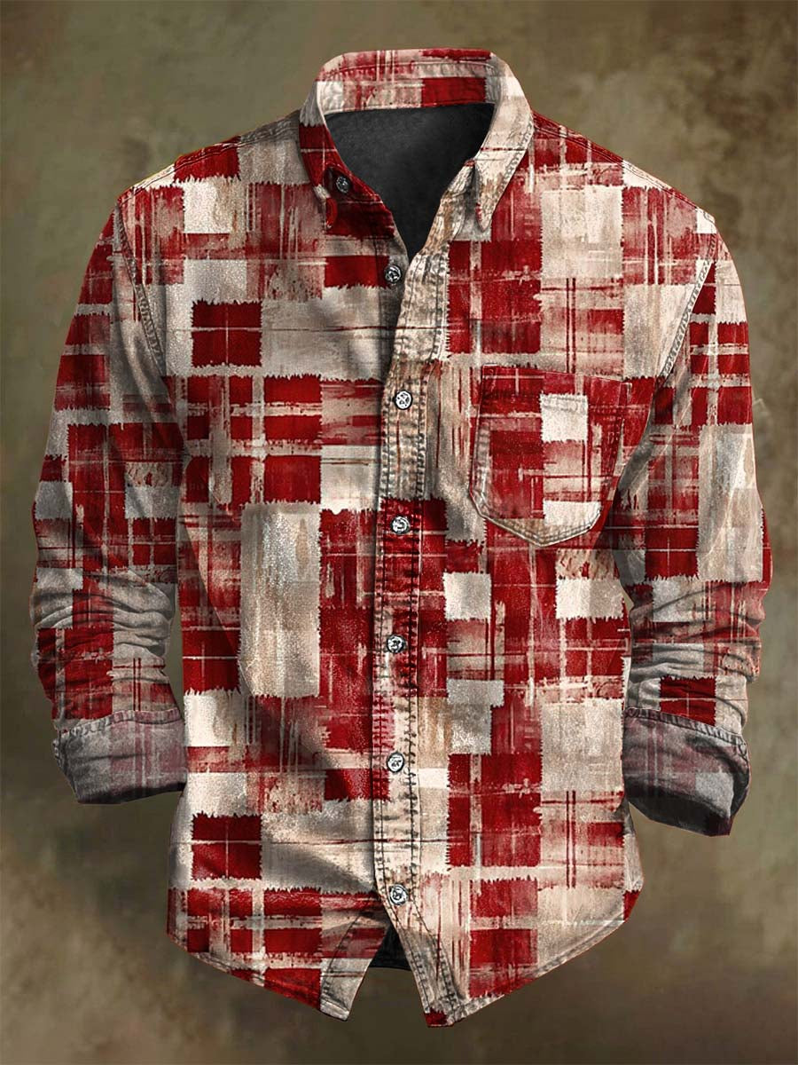 Vintage Plaid Print Christmas Casual Long-Sleeve Shirt