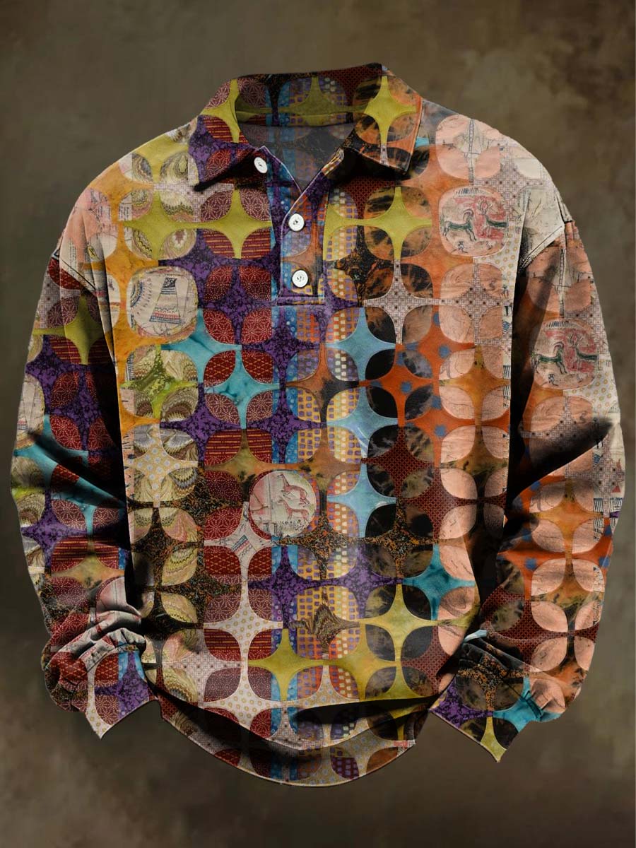 Artistic Multi-Color Pattern Printed Casual Long-Sleeve Polo Shirt