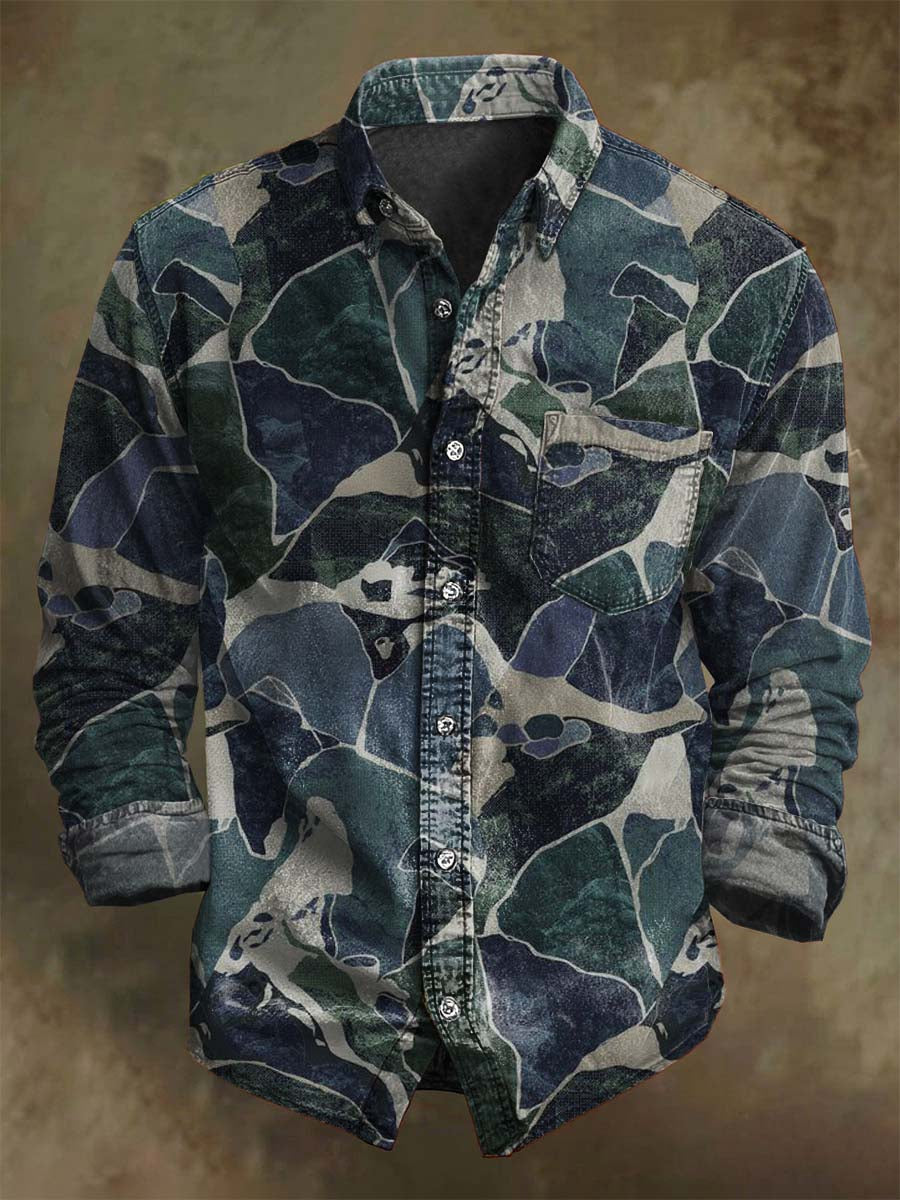 Abstract Marble-Printed Casual Long-Sleeve Shirt