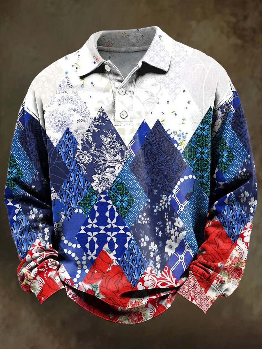 Abstract Geometric Irregular Print Casual Long-Sleeve Polo Shirt