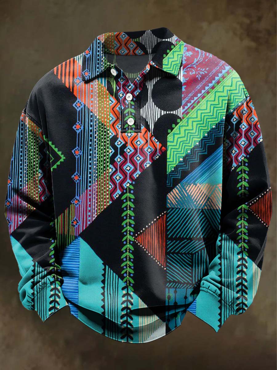 Abstract Geometric Irregular Print Casual Long-Sleeve Polo Shirt
