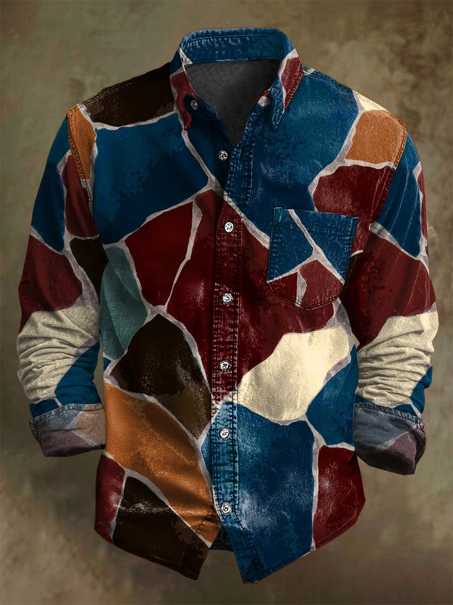 Abstract Color-Block Print Casual Long-Sleeve Shirt