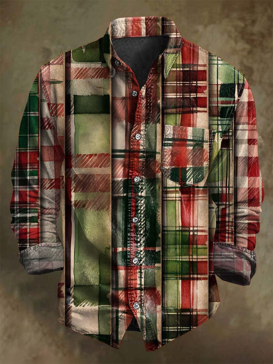 Vintage Plaid Print Christmas Casual Long-Sleeve Shirt
