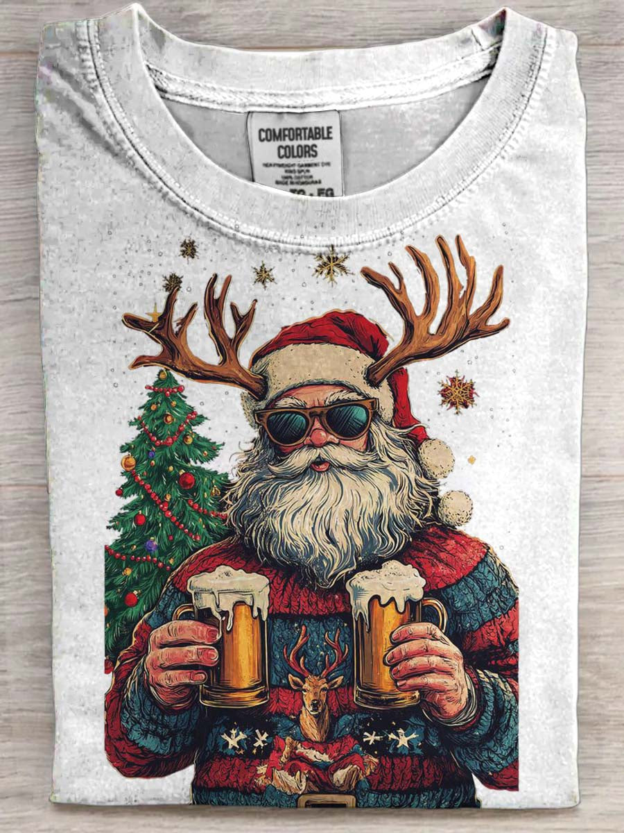 Santa Claus Drinking Beer Print Casual Short-Sleeve T-Shirt