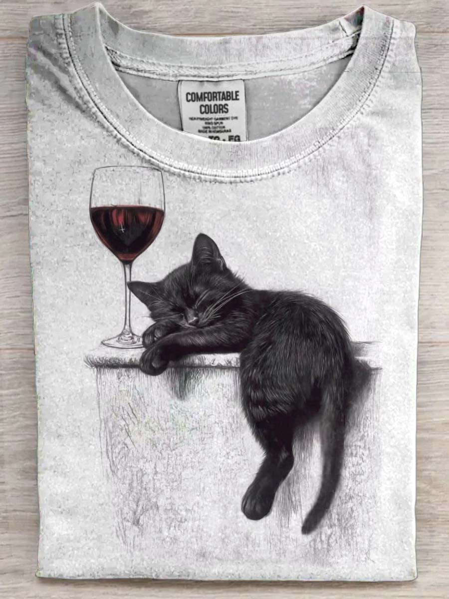 Sleeping Cat Print Casual Short-Sleeve T-Shirt