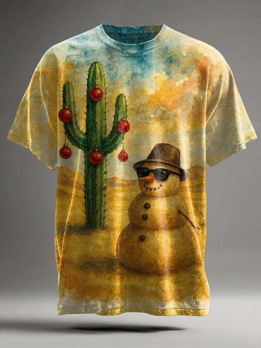 Fun Desert Snowman Print Casual Short-Sleeve T-Shirt