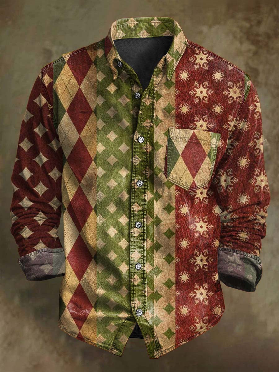Christmas Patchwork Plaid Print Casual Long-Sleeve Shirt