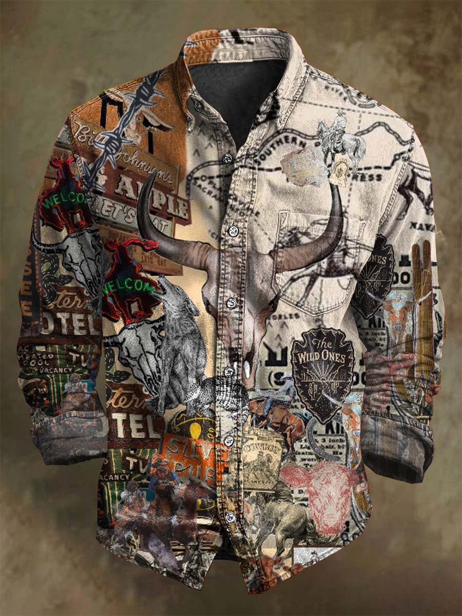 Abstract Western Cowboy Puzzle Print Casual Long-Sleeve Shirt