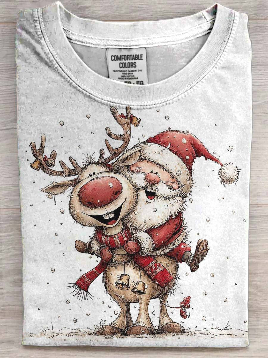 Santa's Reindeer Print Casual Short-Sleeve T-Shirt