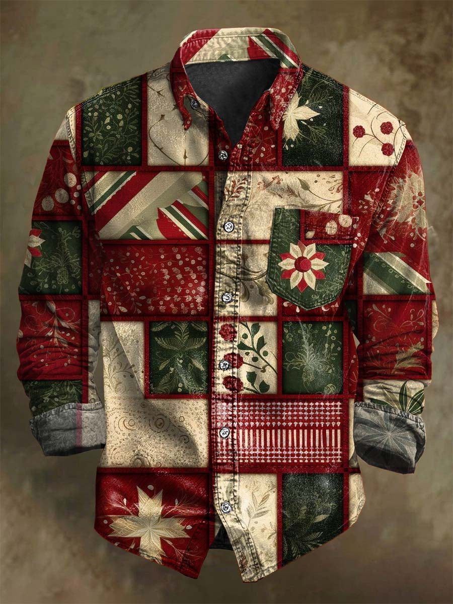 Christmas Patchwork Plaid Print Casual Long-Sleeve Shirt