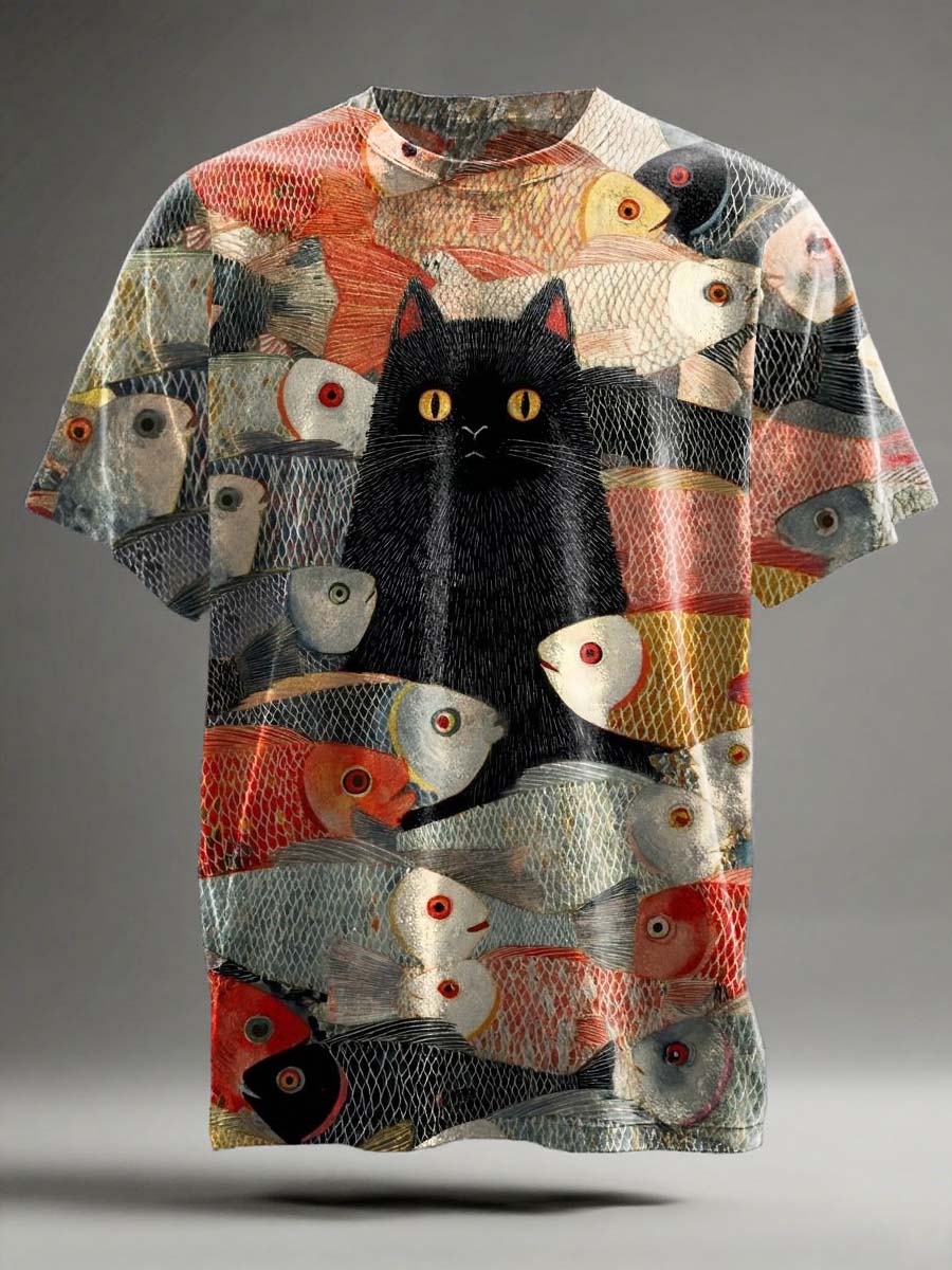 Funny Fish School Cat Print Casual Short-Sleeve T-Shirt